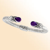 "Handmade sterling silver Amethyst Bali cuff Bangle with rope twist design and teardrop Quartz "